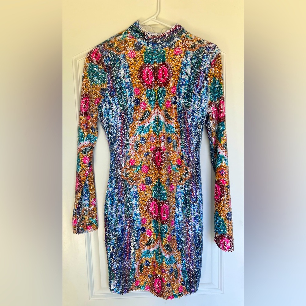 BANJUL multicolor sequin dress with mock neck and long sleeves